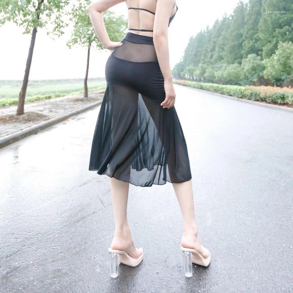 Röcke Sexy Frauen Mesh Durchsichtigen Elastischen Faltenrock Sheer High Wasited Dance Wear Mode A-linie Sweetwear