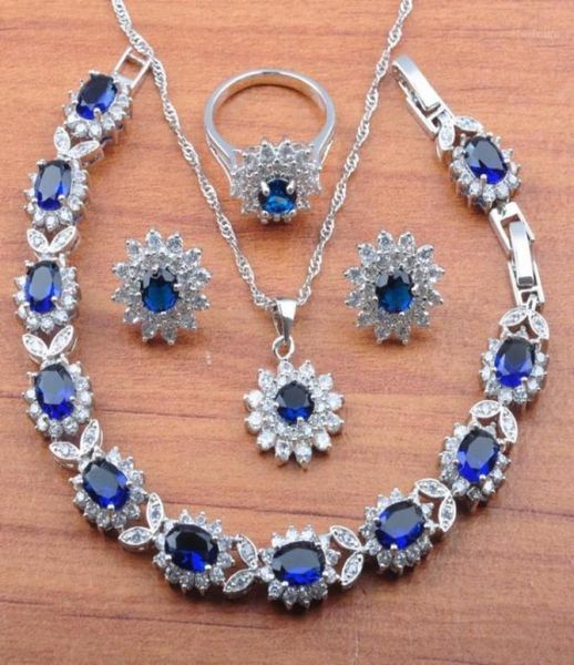 Ohrringe Halskette Silber Farbe Schmucksets Brauthochzeit Schmuck für Frauen Blaues Kubikzirkonia Armband und Ring JS01525374834