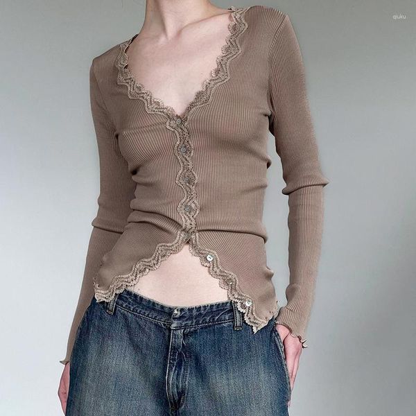 Kadın Tişörtleri H Evi Avrupa ve Amerikan Giyim Fransız Tarzı Vintage Dantel Breasted Split Uzun Kollu Örgü Figürü Düz