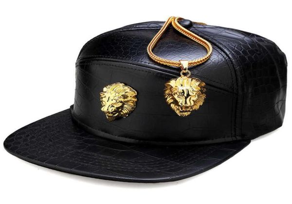 Hip Hop Rap 5 pannelli in metallo oro testa di leone berretto da baseball in pelle PU casual unisex cappelli con fibbia per cintura uomo nero rosso 2106239499076