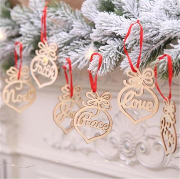 6 pezzi / lotto Decorazioni natalizie Ornamento in legno Cervello Laser Cavo albero di Natale Tag appesi Decorazione pendente Merry32748929751137