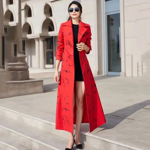 Casacos de trincheira femininos vintage vermelho 2023 outono longo impressão blusão outwear feminino elegante jaquetas de peito duplo roupas