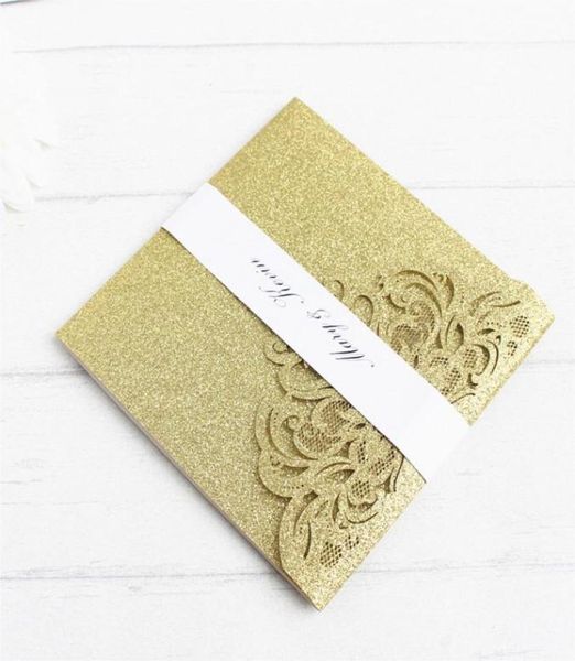 Convite de casamento com glitter dourado, envelope rsvp, faixa de barriga, convites dobráveis, decoração de casamento, oferta, impressão 6705503