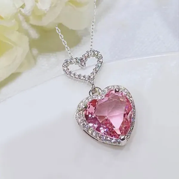 Anhänger Halsketten Zirkon Herz Halskette Einfache Mode Charme Rosa Liebe Für Frauen Kragen Kette Valentinstag Geschenk