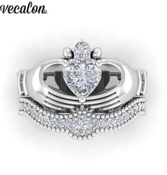Обручальные кольца Vecalon Luxury Lovers Claddagh Ring 1ct 5A Циркон Cz Белое золото Заполненный обручальный набор для женщин и мужчин3979915