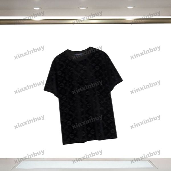 Xinxinbuy Мужская дизайнерская футболка 2024 бархатная ткань жаккардовые комплекты с двойными буквами с коротким рукавом женские черные, белые, серые, коричневые, S-3XL