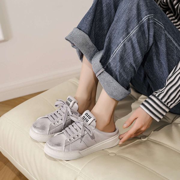 Miui Best-Qualitäts-Bottom-Schuhe flach zu Hause ~ neue Halbschuhe Xiaobai Freizeit Sport Matsu Kuchen Dicke Sohle Retro-echtes Leder und schmutzige Schuhe