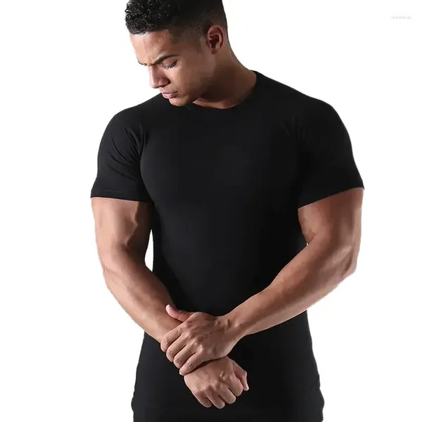 Ternos masculinos B8708 Homens Manga Curta Preto Sólido Algodão T-shirt Ginásios Fitness Musculação Treino Camisetas Masculinas Verão Casual Slim Tee Tops