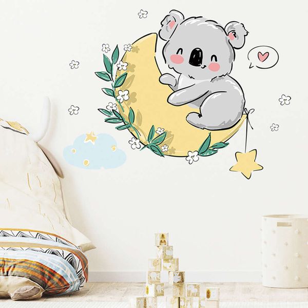 Wandaufkleber mit Cartoon-Motiv, süßer Koala-Mond, grüne Blätter, für Kinderzimmer, Babyzimmer, Wandtattoos, Heimdekoration, Wandaufkleber