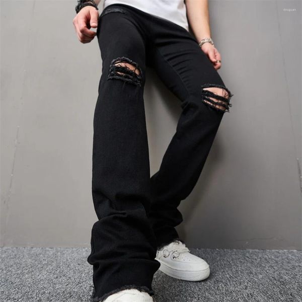 Мужские джинсы, мужская уличная одежда, модные облегающие рваные потертые однотонные мужские джинсовые брюки-клеш в стиле хип-хоп с дырками до колена