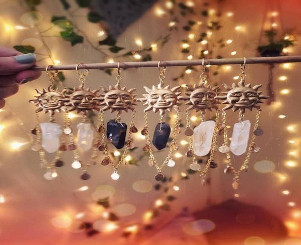 Dangle Chandelier Sun Goddess Quartz Charm Earrings Brass Estrelas Moon Boho Hippie Bohemian Celestial Witchy Metaphysical Jewelry6700673