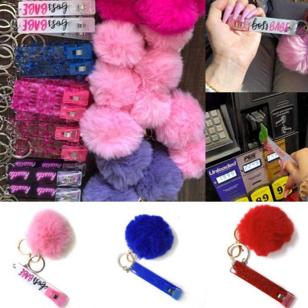 Niedlicher Kreditkarten-Abzieher, Pompom-Schlüsselanhänger, Acryl, Debit-Bankkarten-Grabber für lange Nägel, Geldautomaten, Kaninchenfell-Kugel, Schlüsselanhänger, rosa Karten, Cli5325262