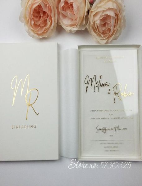 Cartões de casamento em acrílico com folha de ouro popular, com caixa personalizada, fornecimento de cartões de casamento de luxo personalizados inteiros 2625453