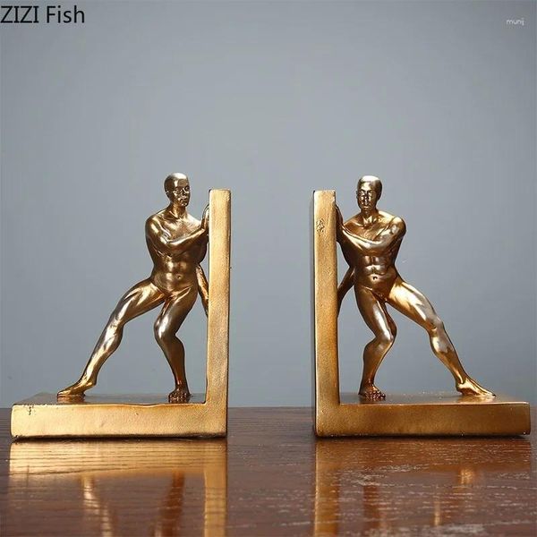 Estatuetas decorativas criativo abstrato dourado homem nu escultura bookend decoração de mesa resina arte figura estatueta artesanato casa moderna