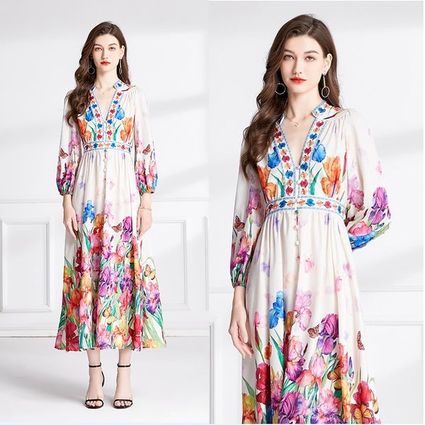 Designer Floral Party Linge Boho Maxi Robe Lanterne Manches Femme Col En V Mince Vintage Coupe Élégante Vacances Robes Froncées 2024 Printemps Automne Doux Mignon Piste Robes