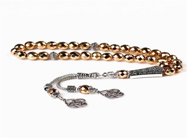 LOSHEREN Neuankömmling Gold-Hämatit-Stein 33 Gebetsperlen Islamischer muslimischer Tasbih-Rosenkranz Misbaha-Perle für Familien-Freund-Armbänder Y207017703