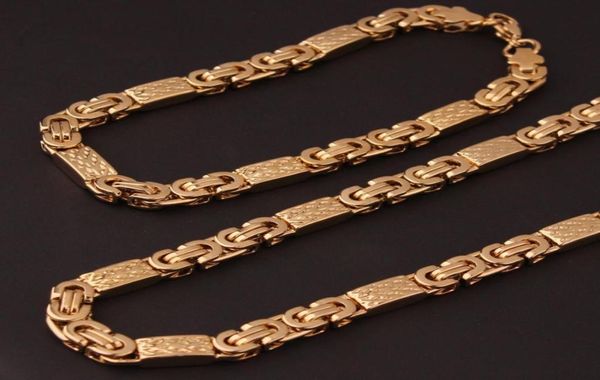 6mm8mm tom de ouro 316l aço inoxidável colar e pulseira bizantino conjunto de jóias de corrente plana masculino jóias gift9345256