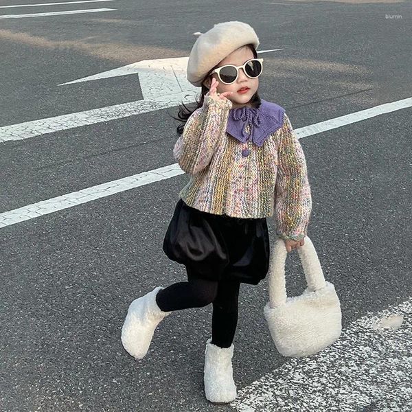 Kleidung Sets Mädchen Pullover Jacke Ausländische Mode Kinder Herbst Baby Mädchen Set Bunte Revers Strickwaren Knospe Rock
