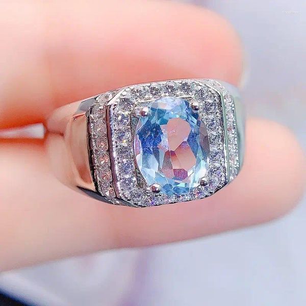 Anéis de cluster homens anel natural real azul topázio estilo oval 925 prata esterlina 7/9mm 2.5ct gemstone jóias finas l231084