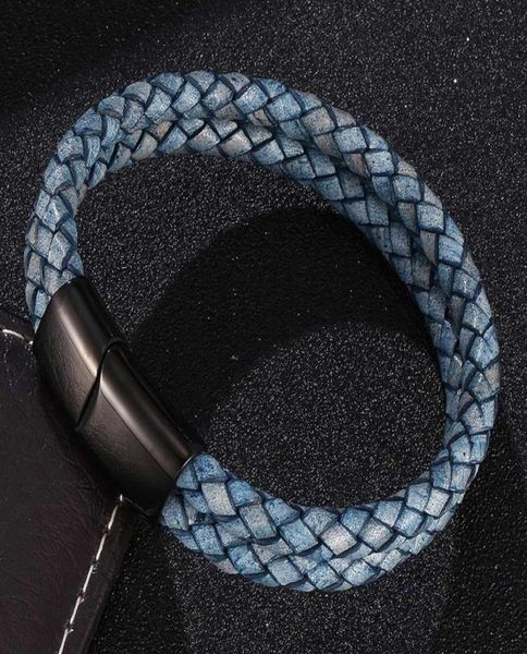 Bracciale in pelle intrecciata blu retrò a doppio strato Gioielli da uomo Moda Acciaio inossidabile Chiusura magnetica Braccialetti Fascia da polso maschile Gift4193966