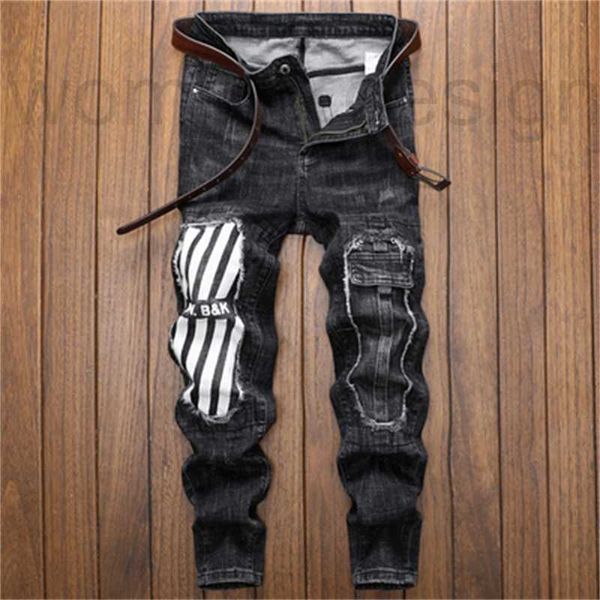 Herren-Jeans, Designer-Luxus-Herren-Slim-Jeans, Distressed-Denim, weiße Lederhose mit Löchern, Buchstaben, zerrissen, zerfetzt, am Knie zerrissen, für Herren, schmal, gerades Bein, 28–38 DKW4