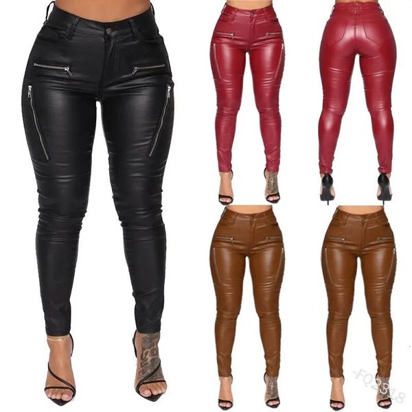 Calças femininas s plus size s5xl mulheres pu leggings de couro primavera outono moda casual sexy zíper magro magro elástico goth gótico punk 2312012