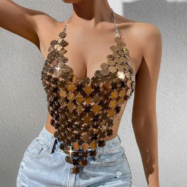 Camicette da donna Camicie Acrilico lucido con paillettes a forma di cuore Halter Crop Top per le donne 2023 Trendy Backless Senza maniche Canotta corta Canotta Tube Top Regalo YQ231213