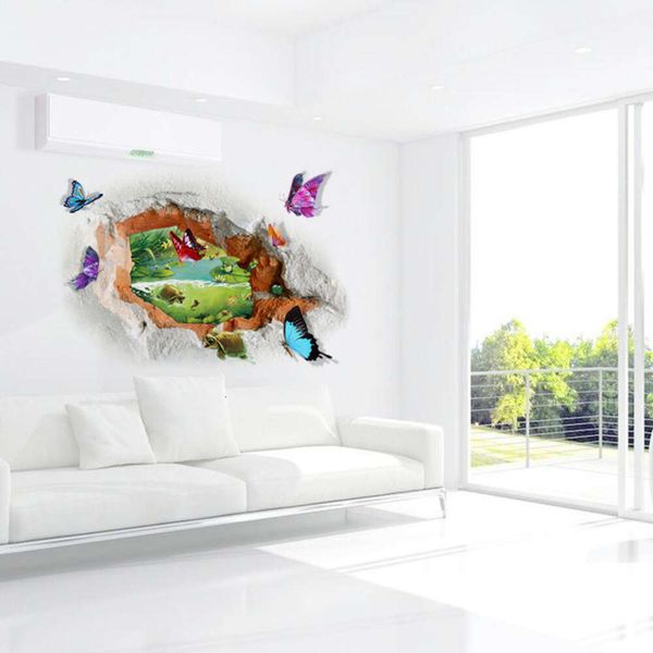 3D-Lochansicht-Schmetterlings-Wandaufkleber, PVC-Wandaufkleber/Klebstoff, schöne Teich-Tapete, Tür-Vinylaufkleber für Wohnzimmer, Schlafzimmer