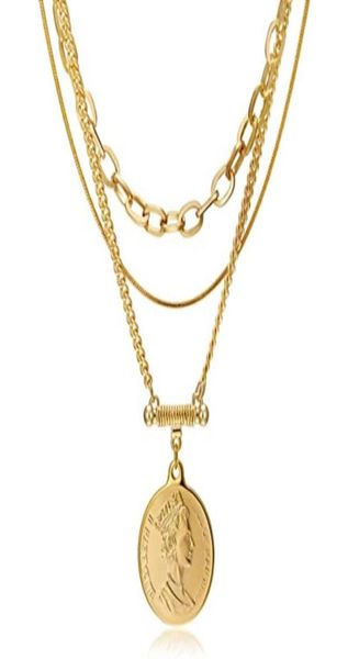 Mehrschichtige Halsband-Halskette, vergoldeter Münzanhänger, mehrschichtige Scheibe, klobige Büroklammer-Gliederkette, Schichtketten2963033