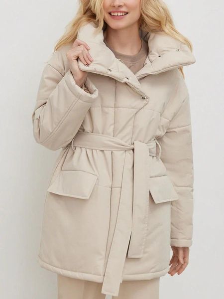 Trench da donna Europa e America 2023 Autunno Inverno Abbigliamento Cappotto da donna Colletto in piedi Parka Cintura stile bottone irregolare Media lunghezza