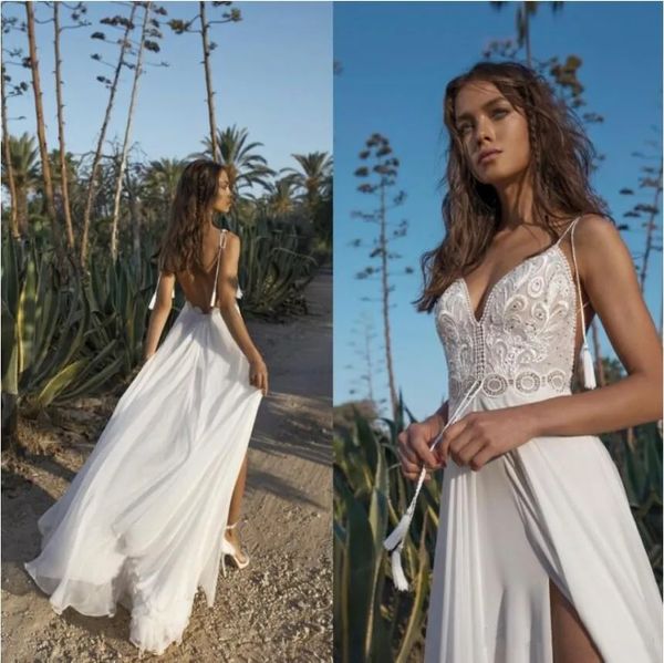 Abito da sposa Asaf Dadush Abiti da sposa da spiaggia Bohemia Spaghetti in pizzo Backless Split Chiffon Boho Robe de mariee Abiti da sposa country