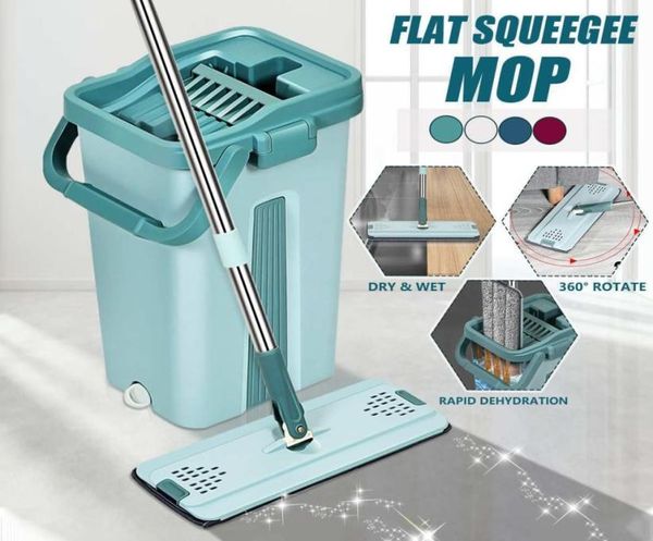 1 Set Mop piatto e secchio per strizzare a mano Mop per la pulizia del pavimento Rotazione automatica a 360 gradi Mop Pad Uso asciutto e bagnato LJ2011888389