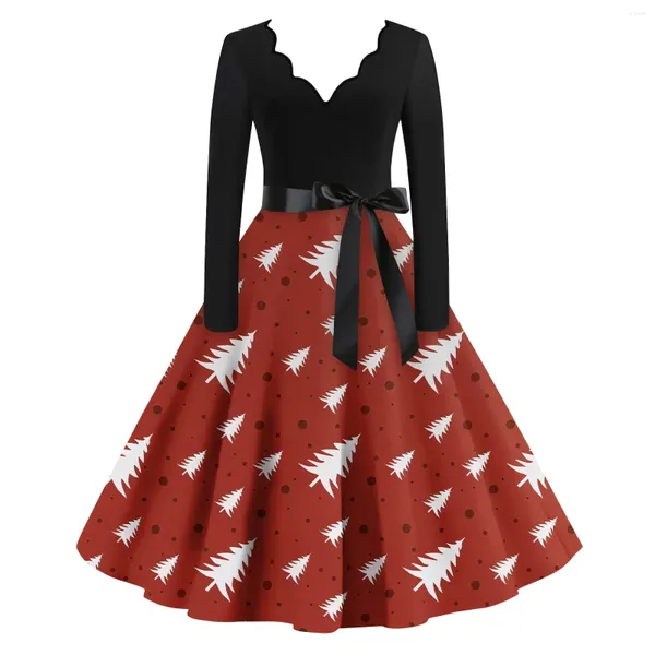 Casual Kleider 2023 Weihnachten Party Kleid Frauen Langarm V-ausschnitt Gedruckt A-linie Vintage Elegante Abend