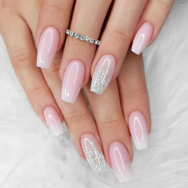 Falsche Nägel 24 teile/satz Medium Ballet Fake für Frauen Mädchen Farbverlauf Rosa Nude mit Glitzer Design Faux Ongles Drücken Sie auf