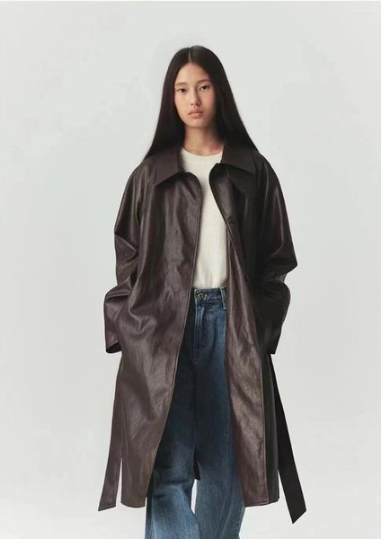 Женские плащи, винтажное пальто с откидным воротником-стойкой, кожаное масляное восковое пальто с контуром, темпераментная пригородная длинная куртка