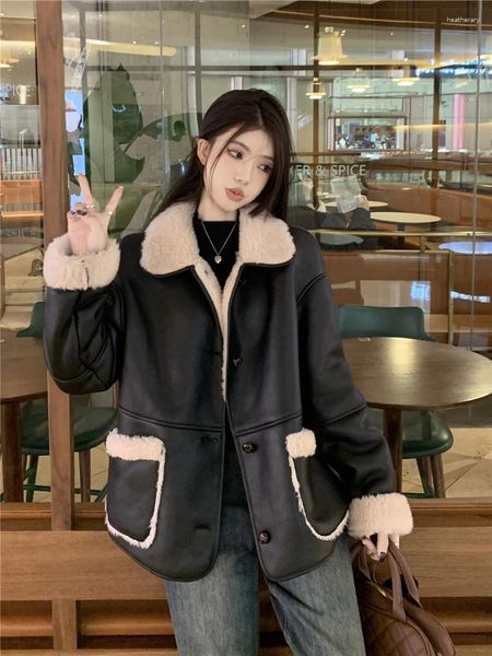 Frauen Jacken Süße Mädchen Vintage Casual PU Leder Mantel Winter Lamm Wolle Drehen-unten Kragen Lose Jacke Mode weibliche Kleidung