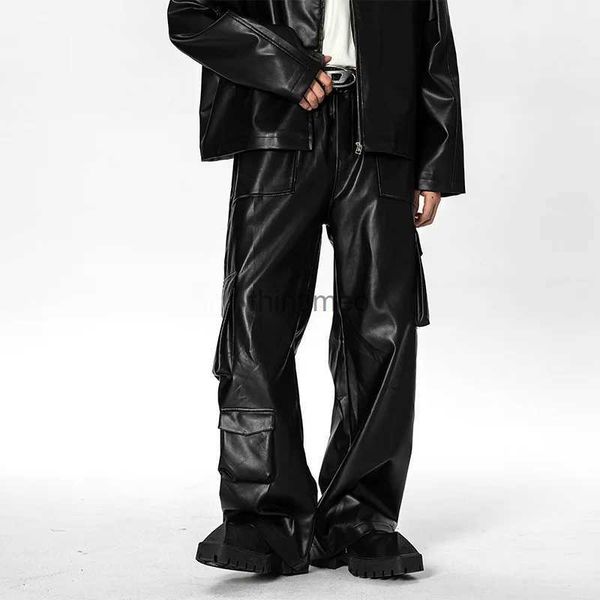 Мужские брюки Негабаритные черные кожаные брюки Мужские модные карманные брюки-карго Мужская уличная одежда Корейские свободные широкие брюки Мужские мешковатые брюки YQ231213