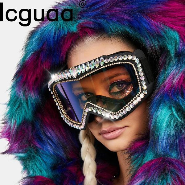 Óculos de sol ao ar livre Steampunk Oversized Diamond Ski Sunglasses Goggle Mulheres Homens Nevando Esporte Sun Óculos Luxo Strass Óculos De Sol Hombre 231212