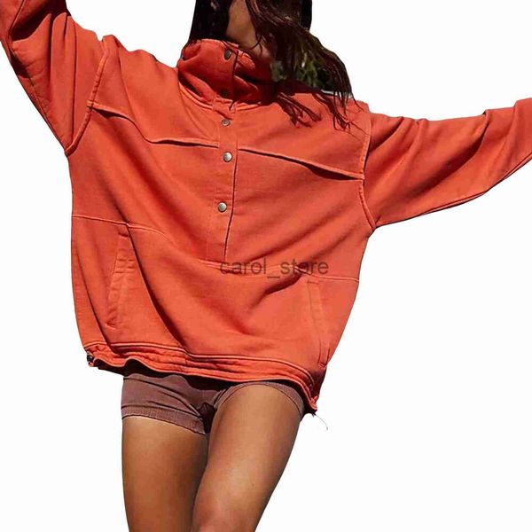 Kadın Hoodies Sweatshirts Kadınlar Vintage Gevşek Sweatshirt Sonbahar Kış Kış Büyük Boy Külep Üstleri Katı Yüksek Boyun Snap Taşıyıcılar Uzun Kollu Sweatshirt J231213