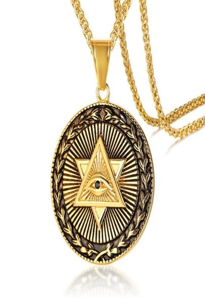 Colares pendentes Triângulo Illuminati All Eyes Gold Aço inoxidável aço estrela de colar maçônico de David Round Pingents Men Hip Hop Jewe6997381