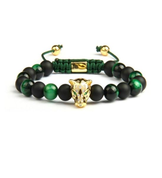 Braccialetti da uomo Panther Cz intero 8mm agata naturale opaca verde occhio di tigre pietra leopardo macramè gioielli9472456