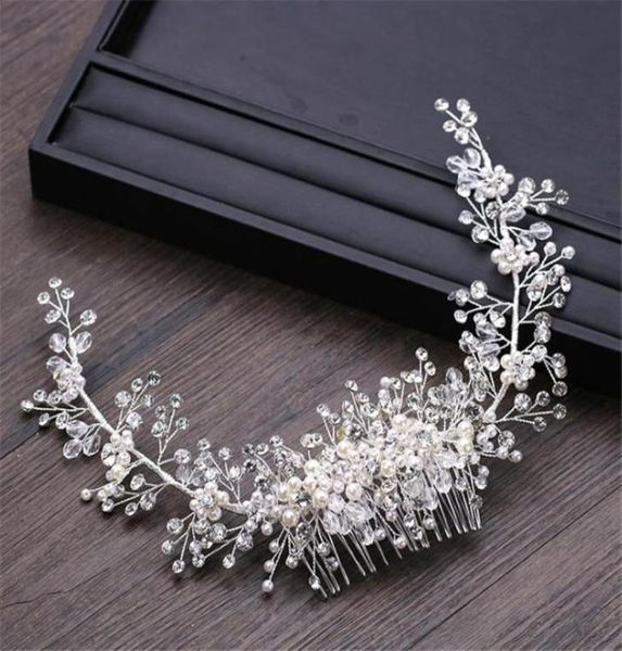 Pente de noiva de casamento vintage cristal strass headpiece pérola coroa tiara acessórios para o cabelo jóias cocar prata cabeça corrente or5020448