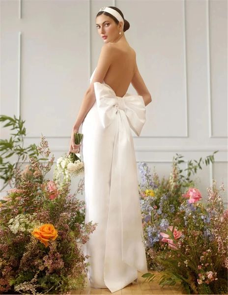 2024 Zarif Beyaz Balo Elbise Uzun Yay Backless Strapless Basit Satin Pageant Gece Elbiseleri Resmi Gowns Robe De Soiree