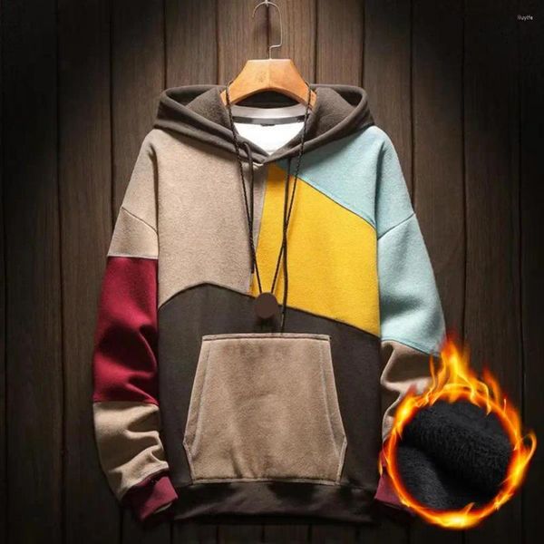 Felpe con cappuccio da uomo Felpa con cappuccio autunno Colore abbinato in pile sottile con cappuccio maniche lunghe oversize Mantieni caldo Tasca grande Casual Primavera per il quotidiano W