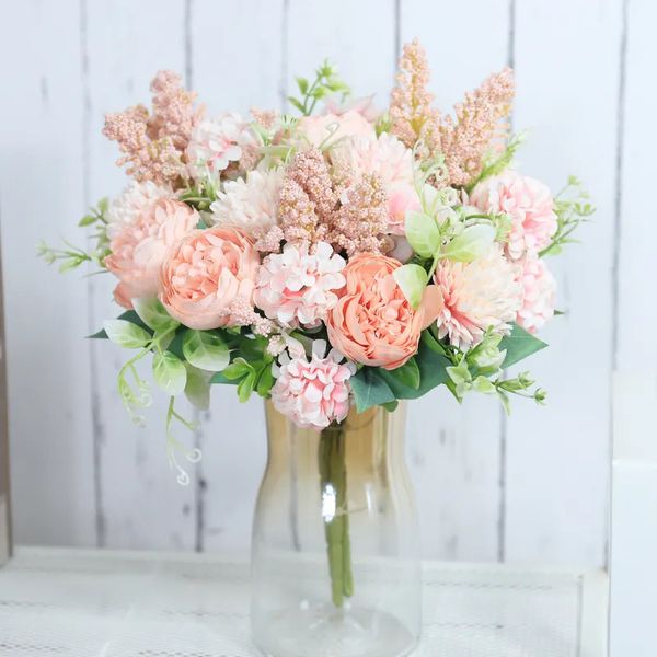 Flores decorativas grinaldas rosas artificiais peônia de seda branca de alta qualidade céu azul buquê de noiva decoração de casamento flor falsa acessórios para casa artesanato 231213