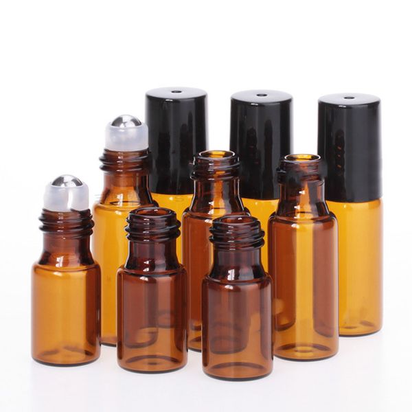 Venda quente mini garrafas âmbar 3ml 5ml 10ml garrafa de rolo com bola de aço/grânulos de vidro e tampa preta