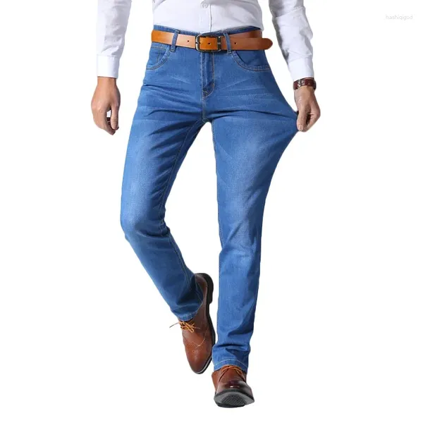 Jeans masculinos estilo clássico homens verão fino negócio casual estiramento magro denim calças luz azul preto calças masculinas