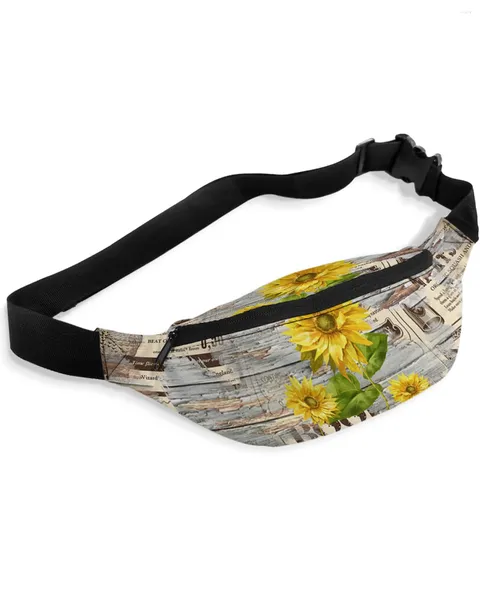 Sacos de cintura Girassol Vintage Spaper Grão de Madeira para Mulheres Homem Viagem Ombro Crossbody Peito Impermeável Fanny Pack