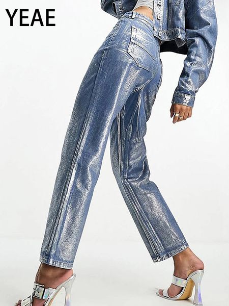 Jeans femininos yeae y2k americano metálico cintura alta reta mulheres moda impressão solta larga perna denim calças festa clubwear 231212