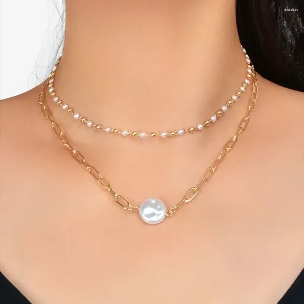 Anhänger Halskette Goldfarbe Perlen Faux Pearl Chain Punk Hip Hop Halskette für Frauen Vintage Fashion Boho Multilevel Girl Süßes Party Schmuck Schmuck